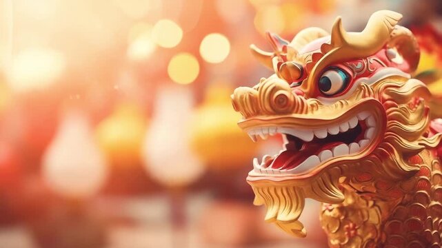Celebrating Chinese lunar new year festival card with copy space. The beautifully decorated dragon performing its traditional Chinese New Year dragon dance. Lively chinese new year dragon puppet.
