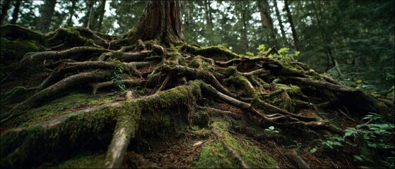 Fototapeta premium Tree roots covered in moss in a forest