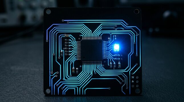 Glowing blue circuit board with microchip on a dark surface in technology lab