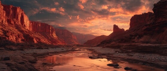 Naklejka premium Canyon landscape with river under dramatic sunset sky