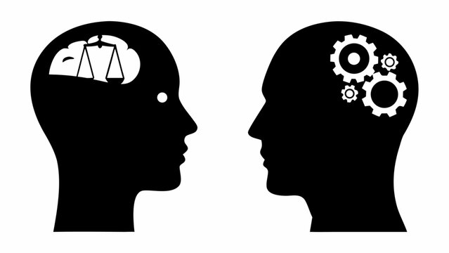 Silhouette of two human heads facing each other with a scale of justice and gears inside the brains