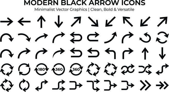 Set of modern black arrow icons and navigation symbols for graphic design and web interface