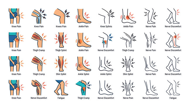 Leg Pain Symptoms Icons: Knee, Thigh, Shin, Ankle, Foot, Nerve Discomfort