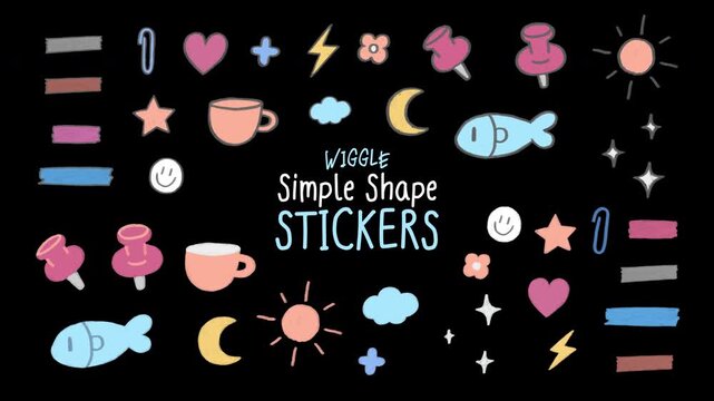 Wiggle hand-drawn decoration stickers animation: heart, star, sun, moon, cloud, fish, cup, lightning, flower, pin, clip, tape, colorful doodle icons, loop, transparent background, alpha channel