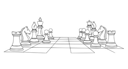 Chessboard with pieces set up for game, line art illustration © Cici
