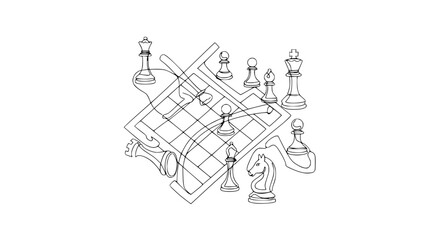 Strategic Chess Game Concept: Abstract Line Art of Pieces and Board © Cici