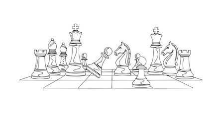 Continuous Line Drawing of Chess Pieces on Board - Strategy and Competition Concept © Cici