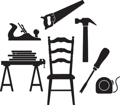 Black silhouettes of carpentry tools and furniture