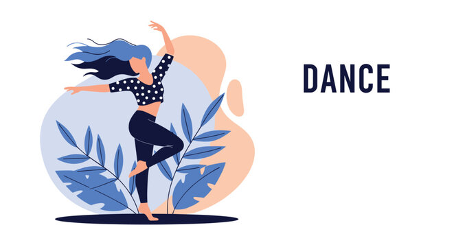 Graceful woman with blue hair dancing energetically in a polka dot top against a background of large blue leaves and abstract shapes.
