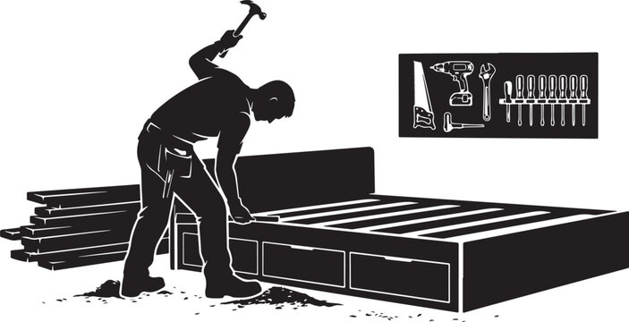 silhouette Man assembling bed frame with tools