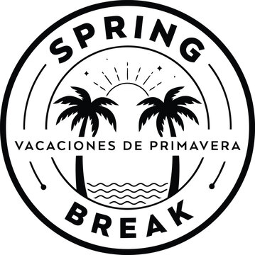 Spring break vacation logo design with palm trees and sun vacation tropical monochrome illustration seasonal