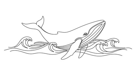 Minimalist Whale Illustration in Ocean Waves, Line Art Drawing © Cici