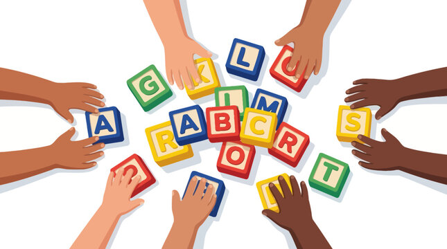 Diverse children's hands playing with colorful alphabet blocks