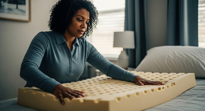 A mature Black woman examines a breathable yellow memory foam orthopedic mattress topper in her bedroom, focusing on sleep health and comfort.