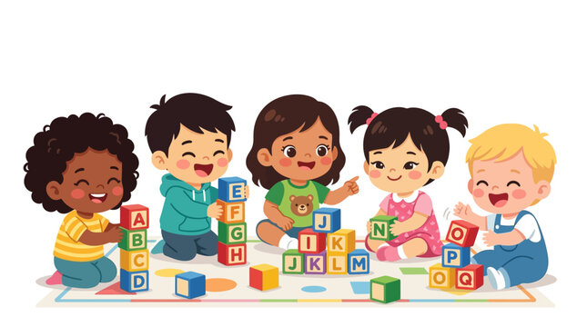 Diverse children playing with alphabet blocks on white background