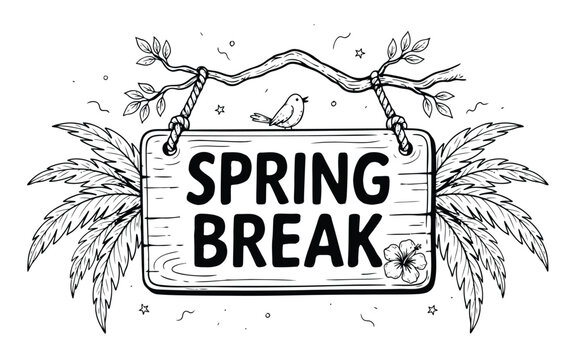 Spring break wooden sign with tropical leaves decoration tropical vacation hibiscus typography illustration