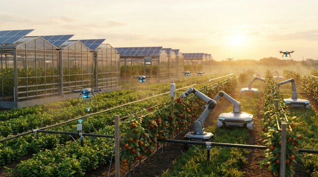 Automated smart farming robots working in agricultural field with greenhouses and solar panels at sunset.