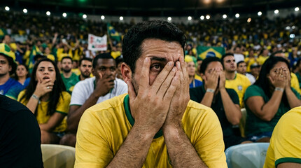 Fototapeta premium Close-up of an anxious male football supporter in a yellow jersey covering his face with his hands in despair during a match in a crowded stadium at night with other fans.