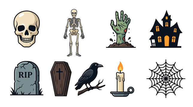 Halloween Horror Set with Spooky Icons including Skeleton Skull Haunted House and Graveyard Elements for Holiday Design