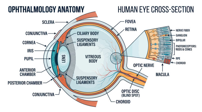 Human Eye Cross-Section Anatomy Diagram - Ophthalmology Medical Illustration