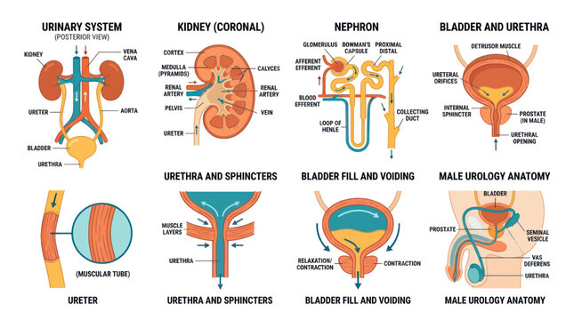 Human Urinary System Anatomy Diagram: Kidneys, Bladder, Urethra, Nephron
