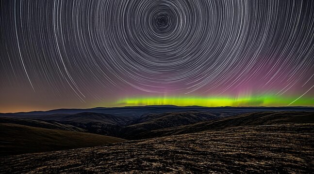 Star Trails Over Arctic Landscape With Vibrant Northern Lights Aurora Borealis