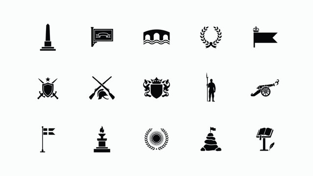 Obelisk monument flag bridge laurel crown king flag military shield muskets crest soldier cannon.