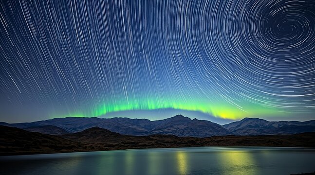 Star Trail Over Mountains With Aurora Borealis Reflection on Still Lake Waters