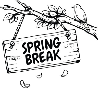 Spring break wooden sign hanging from tree branch with bird and falling petals illustration seasonal vacation