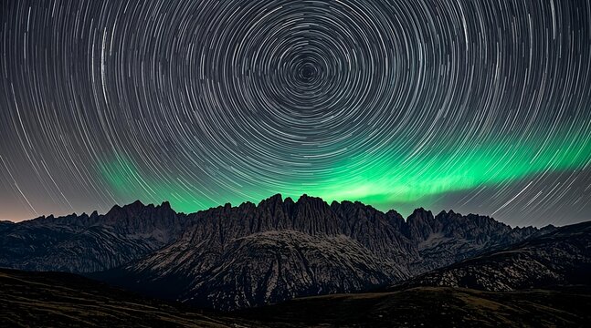 Breathtaking Night Sky Featuring Star Trails and Aurora Borealis Over Majestic Mountain Range