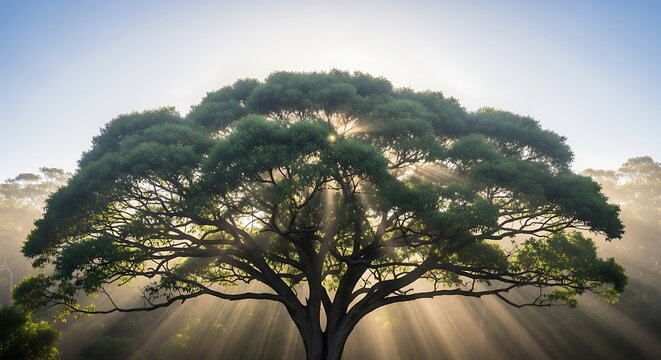 A majestic cinnamomum camphor tree captured in the golden morning light with sun rays filtering through the dense canopy in a serene forest landscape