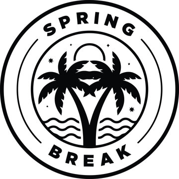 Spring break emblem design with palm trees and sun in a circular frame vector illustration tropical vacation