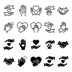 Fototapeta premium Charity support and love heart hands gesture vector icon set with kindness donation community wellness relationship protection handshake together altruism