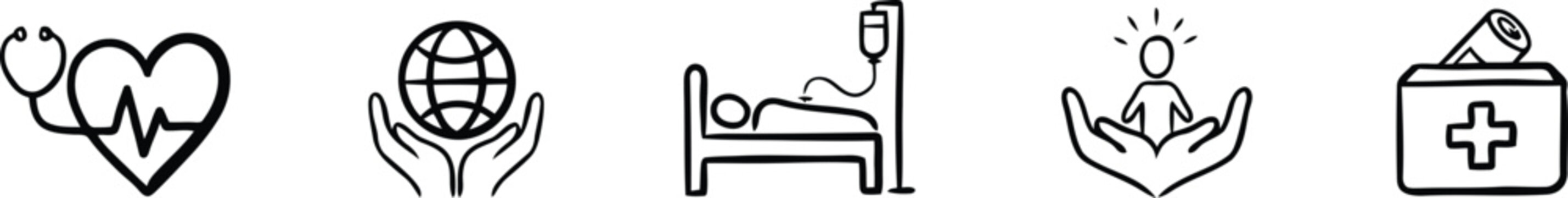 Set of medical healthcare icons including heart monitor globe hospital bed and emergency kit with healthcare