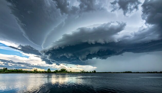 Dramatic Rotating Storm Cloud Forming Over Calm Lake at Dusk