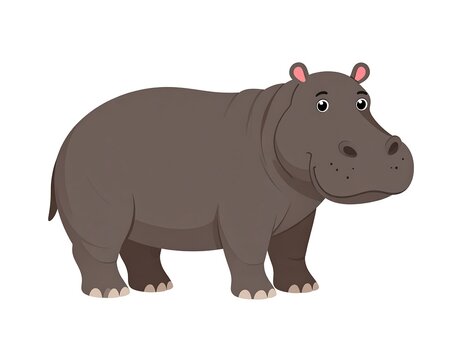 Cute Gray Hippopotamus Standing in Side View on White Background