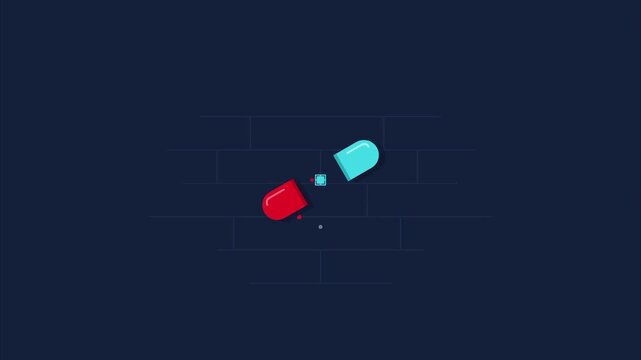 Red and blue medicinal pill capsule opening and releasing powder particles flat motion graphic design animation for healthcare medical education pharmaceutical concept