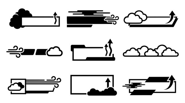Collection of black and white blank weather text banners and frames. Features wind gusts, clouds, and rising arrows for UI design and infographics