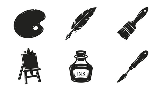 Art and Writing Tools Icons: Paint Palette, Easel, Quill Pen, Ink, Paintbrush, Palette Knife
