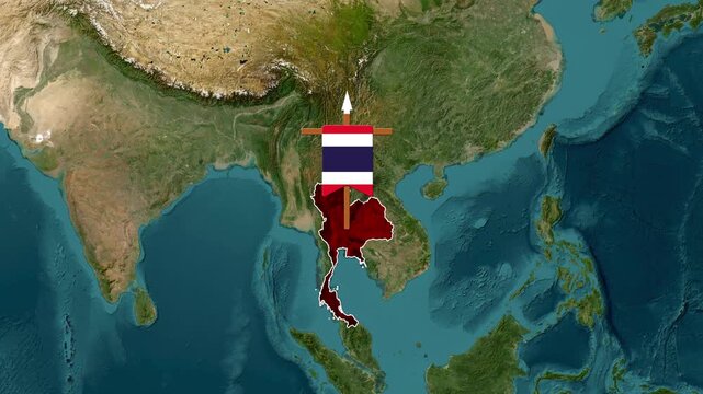 The Thailand map is highlighted with its flag and banner over Southeast Asia satellite footage animation