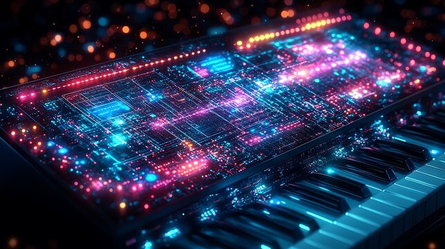 Electronic keyboard synthesizer illuminated with neon lights