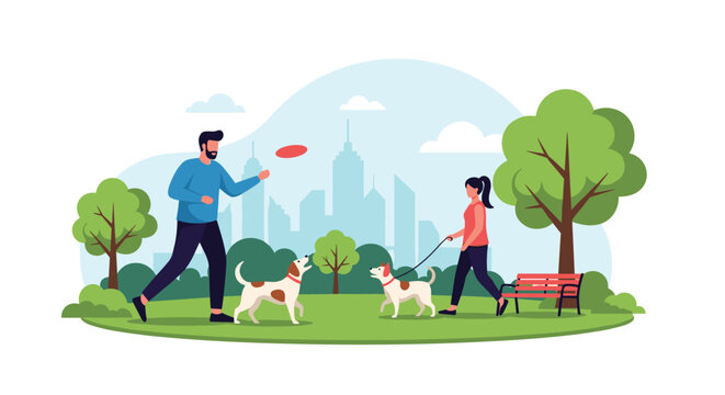 Vibrant urban park scene where people are walking their dogs and playing games like frisbee on a sunny day with city buildings.