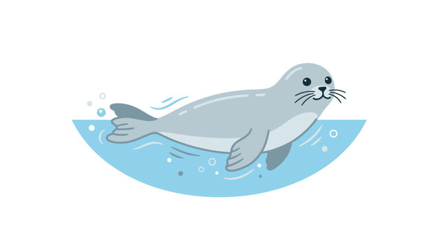Cartoon Seal Swimming in Water.