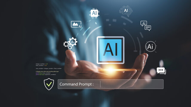 AI command prompt technology enables artificial intelligence coding, digital transformation drives smart innovation, and AI business growth increases as businessman hand holds icons for secure data