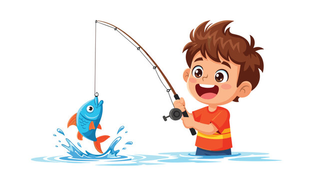 Excited young boy in a bright orange shirt successfully catching a blue fish while fishing in the clear water outdoors.