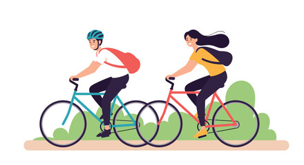 Fototapeta premium Young man and woman riding bicycles together along a path in a park with green bushes in the background.