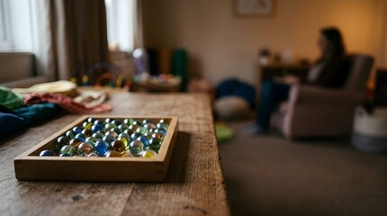 Fototapeta premium Colorful glass marbles in wooden tray inside a calm quiet therapy room