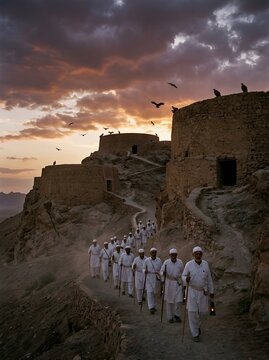 Zoroastrian Priests Procession Climbing to Tower of Silence Dakhma at Dusk &mdash; Vultures Circling Ancient Stone Towers, White Robed Pilgrims with Walking Sticks, Iran Religious