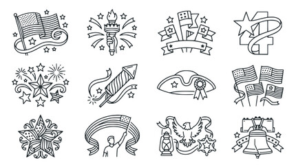 American Independence Day Icons: Flags, Fireworks, Liberty Bell, Hat, Torch, Eagle © Instrumen