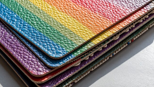 Stacked leather swatches displaying vibrant rainbow colors for pride celebration